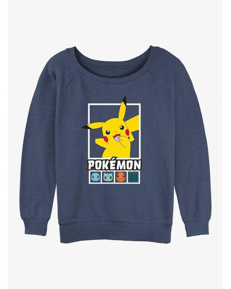 Pokemon Battle Lineup Pikachu, Squirtle, Bulbasaur, Charmander, & Snorlax Girls Slouchy Sweatshirt $12.40 Sweatshirts