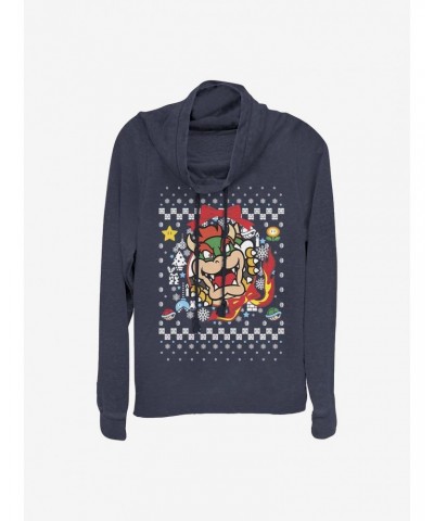 Super Mario Bowser Wreath Ugly Christmas Sweater Cowl Neck Long-Sleeve Girls Top $12.57 Tops