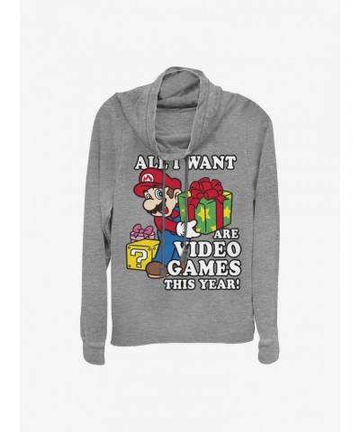 Super Mario All I Want Are Video Games Holiday Cowl Neck Long-Sleeve Girls Top $12.89 Tops