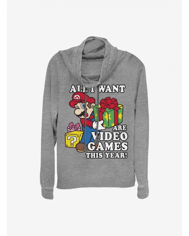 Super Mario All I Want Are Video Games Holiday Cowl Neck Long-Sleeve Girls Top $12.89 Tops